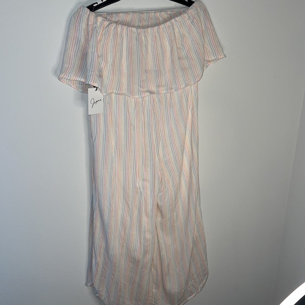 Jopna off the shoulder ruffle lightweight striped pull on jumpsuit Sz M